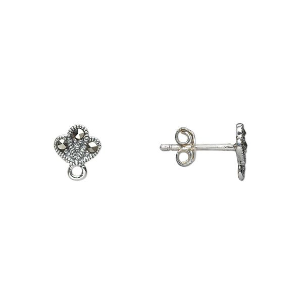 Marcasite / sterling silver 1pkg2, fan earstud / open loop / earnut natural 7x6mm image number 0