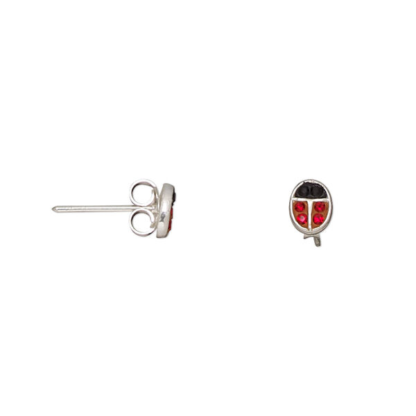 Earstud, sterling silver and crystal, black and red, 6x4mm ladybug. Sold per pair. image number 0