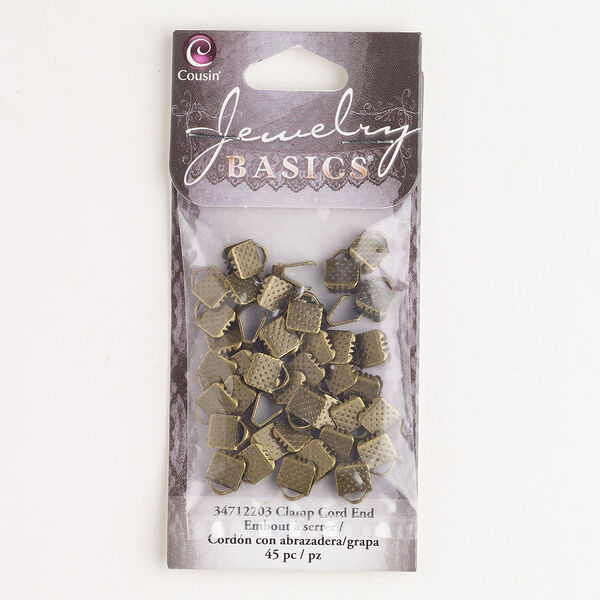 Ribbon crimp end, steel, pkg/45, antique gold finish, 7x6mm textured rectangle. image number 0