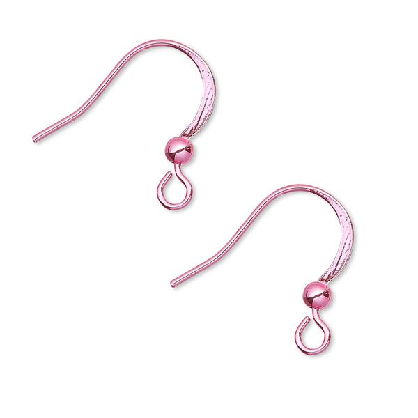 Ear wire fishhook 1pkg10, 19mm flat / 3mm ball / open loop, 21 gauge brass / electro-coated pink 5 pair image number 0