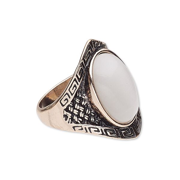 Ring, cat's eye glass and rose gold-finished "pewter" (zinc-based alloy), white, 30mm wide with oval, size 9. Sold individually. image number 0