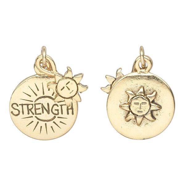 Charm, antique gold-plated pewter (tin-based alloy), 10mm double-sided flat round sun and 16.5mm double-sided flat round with "STRENGTH" and raised sun design. Sold individually. image number 0