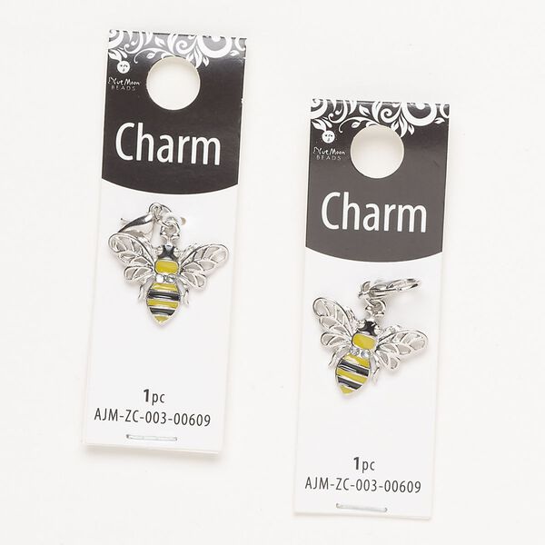Charm, silver-finished enamel "pewter" (zinc-based alloy) / steel / glass, clear / yellow / black, 22x19mm single-sided bumblebee with lobster claw clasp. Sold per pkg of 2. image number 0