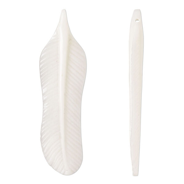 Focal, bone (bleached), 40x11mm hand-cut side-drilled 2-sided carved feather. Sold individually. image number 0
