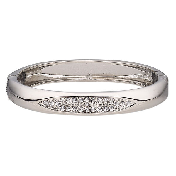 Bracelet, hinged bangle, glass rhinestone with imitation rhodium-finished steel and "pewter" (zinc-based alloy), clear, 10mm wide, 7 inches. Sold individually. image number 0