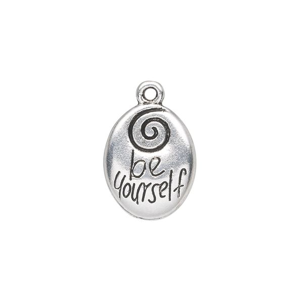 Drop, antique silver-plated "pewter" (zinc-based alloy), 17x13mm double-sided oval with "be yourself." Sold per pkg of 10. image number 0