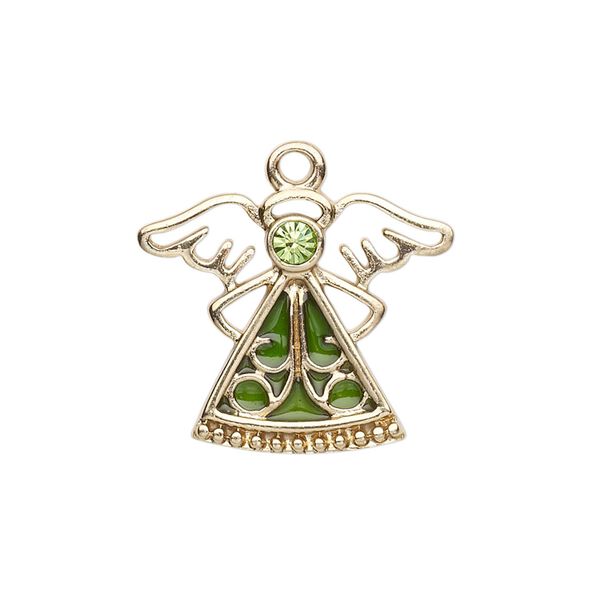 Charm, enamel / crystals / gold-finished "pewter" (zinc-based alloy), peridot and green, 24x19mm single-sided angel. Sold individually. image number 0