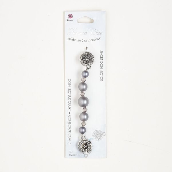 Connector, silver-finished brass / glass / acrylic, grey and  pearlescent grey,  7-12mm round and 6mm bicone. Sold per pkg of 4-1/2 x 1/2 inches. image number 0