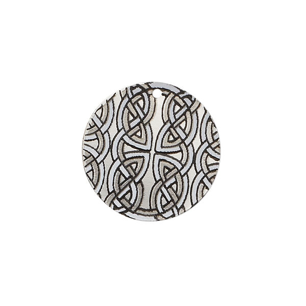 Drop, imitation rhodium-finished carbon steel, black and white, 20mm single-sided round with Celtic knot design. Sold per pkg of 4. image number 0