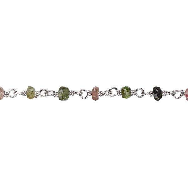Chain, multi-tourmaline (natural) and rhodium-plated sterling silver, 3.5x2mm-4x2.5mm hand-cut faceted beaded rondelle. Sold per 36-inch strand. image number 0