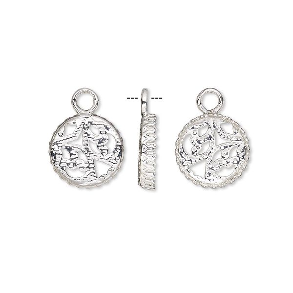Drop, silver-finished brass, 11.5mm round with decorative cutout back and trim with 10mm round bezel setting. Sold per pkg of 2. image number 0