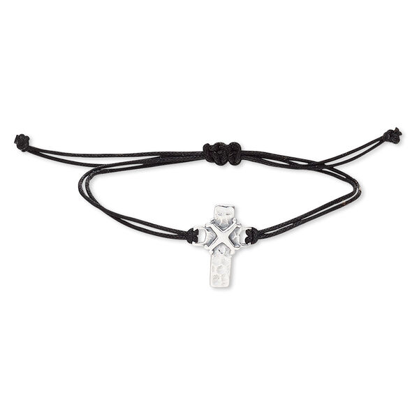 Bracelet, waxed cotton cord and antiqued sterling silver, black, 20x15mm hammered cross, adjustable from 6-1/2 to 9 inches with macramé knot closure. Sold individually. image number 0