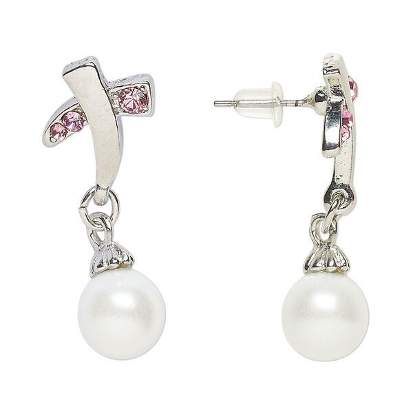 Earring, Everyday Jewelry, antique silver-finished "pewter" (zinc-based alloy) / glass / acrylic pearl, pink and white, 34mm with post. Sold per pair. image number 0