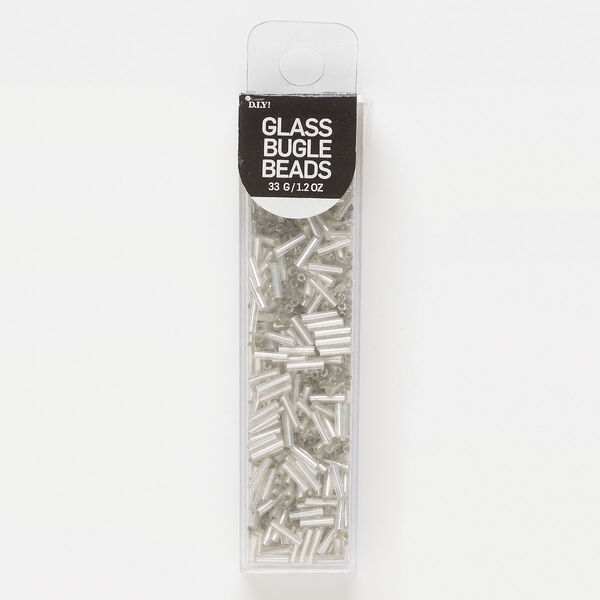 Bugle bead, glass, opaque silver-lined crystal clear, 7x2mm round tube. Sold per 33-gram pkg. image number 0