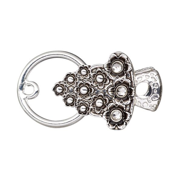 Clasp, alligator clip, glass rhinestone with antique silver-finished steel and "pewter" (zinc-based alloy), clear, 20x19mm bell with flower design. Sold individually. image number 0