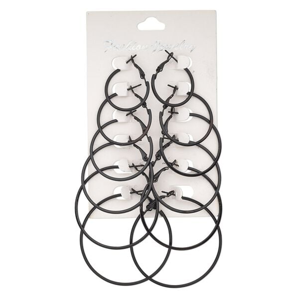Earring, steel, black, 24-49mm round hoop with hinged closure. Sold per pkg of 6 pairs. image number 0