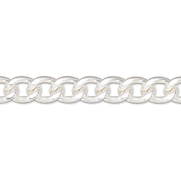Chain, silver-plated steel, 7mm flat curb. Sold per pkg of 5 feet. image number 0