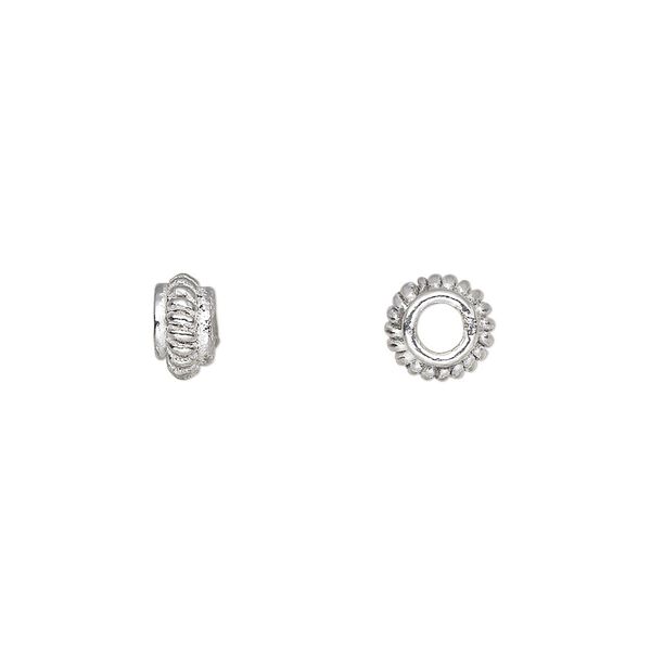 Bead, silver-plated copper, 7x4mm corrugated rondelle. Sold per pkg of 20. image number 0