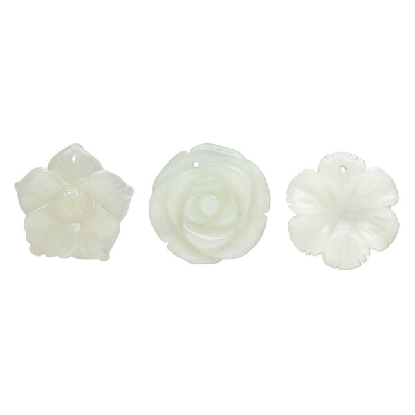 Sea green new "jade" 1pkg3, top-drilled carved flower drop natural mix 29x25mm-34x32mm image number 0