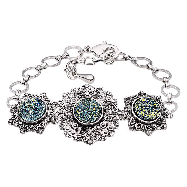 Bracelet, druzy (imitation) / glass rhinestone / antique silver-plated brass / steel / "pewter" (zinc-based alloy), green and clear, 27mm wide with round, 7 inches with 1-inch extender chain and lobster claw clasp. Sold individually. image number 0