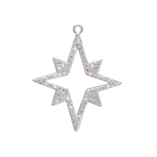 Charm, cubic zirconia and silver-plated brass, clear, 27.5x24.5mm single-sided open star. Sold individually. image number 0