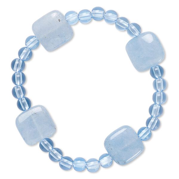 Bracelet, stretch, quartz (dyed) and acrylic, blue, 5mm round and 14-15mm flat square, 6-1/2 inches. Sold individually. image number 0