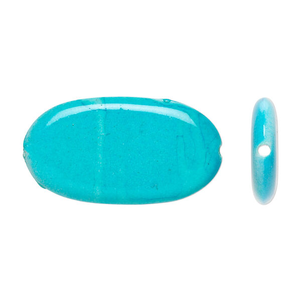 Bead, acrylic, white and turquoise blue, 29x16mm flat oval. Sold per pkg of 70. image number 0