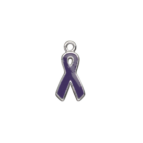 Charm, silver-plated aluminum and epoxy, purple, 15x9mm single-sided awareness ribbon. Sold per pkg of 6. image number 0