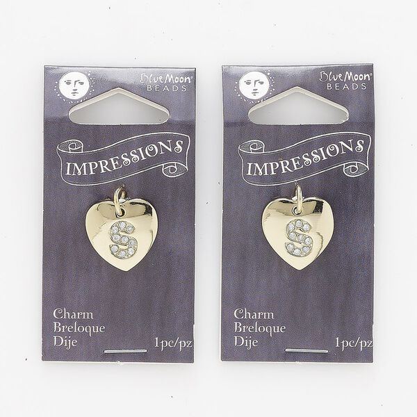 Charm, gold-finished "pewter" (zinc-based alloy) / steel / acrylic rhinestone, clear, 15.5x15mm single-sided puffed heart with letter "S." Sold per pkg of 2. image number 0
