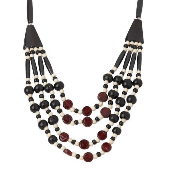Necklace, 4-strand, bone (bleached / dyed) / glass / silver-finished steel, black / white / red, 4mm-32x7mm multi-shape, 20 inches with lobster claw clasp and 2-inch extender chain. Sold individually. image number 0