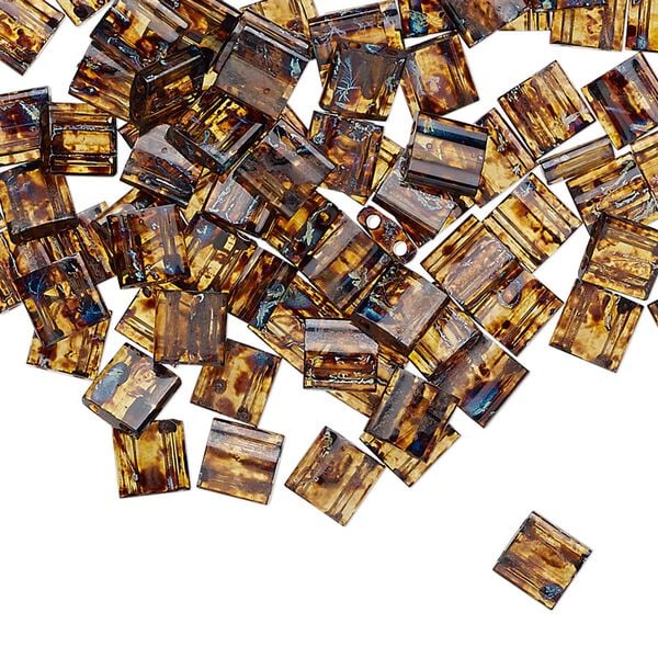 Seed bead, TILA®, glass, pkg/40g, 5mm full tila square, translucent Picasso amber brown, (TL-4502). image number 0