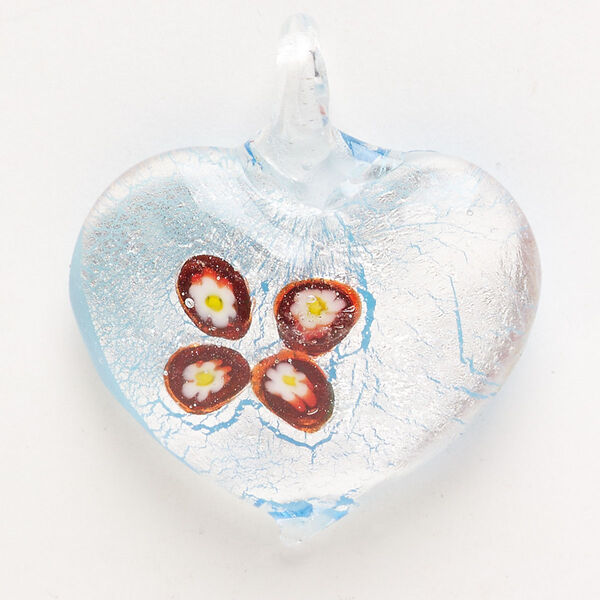 Focal, lampworked glass, pkg/1, opaque multicolored with silver-colored foil, 33x28mm-35x31mm puffed heart with flower. image number 0