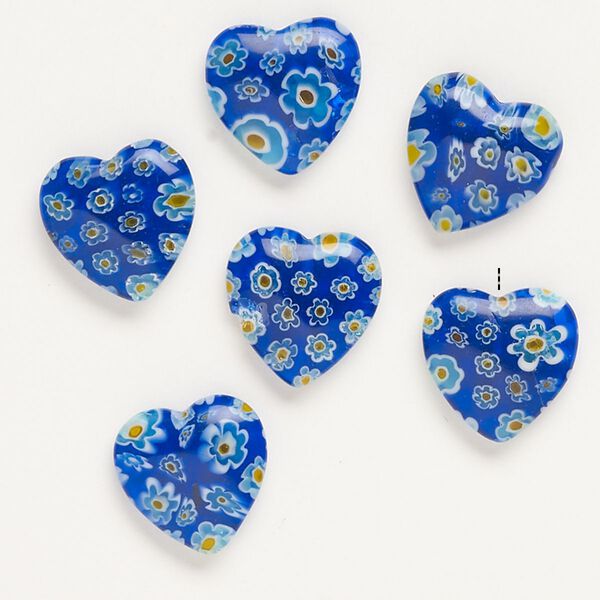 Bead, millefiori glass, translucent cobalt blue / yellow / white, 16-18mm half-drilled puffed heart. Sold per pkg of 6. image number 0