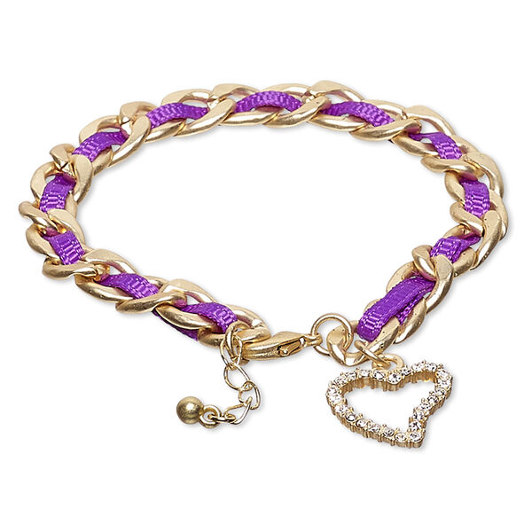 Bracelet, nylon / Czech glass rhinestone / gold-finished steel / "pewter" (zinc-based alloy), purple and clear, 8mm wide with 18x16mm open heart, 6-1/2 inches with 1-inch extender chain and lobster claw clasp. Sold individually. image number 0