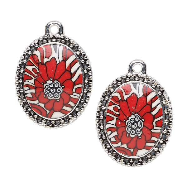 Drop, glazed polymer clay and silver-finished "pewter" (zinc-based alloy), red / white / black, 24x20mm single-sided oval with flower design with beaded edge. Sold per pkg of 2. image number 0