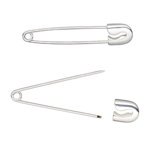 Safety pin, stainless steel and silver-plated brass, 2-3/8 inches. Sold per pkg of 10. image number 0
