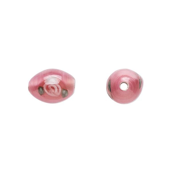 Bead, Czech lampworked glass, opaque pink and green, 9x6mm-10x7mm olive with flower design. Sold per pkg of 4. image number 0