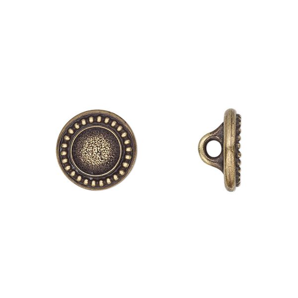 Button, TierraCast®, antique brass-plated pewter (tin-based alloy), 12mm beaded flat round with loop and SS34 round glue-in setting. Sold per pkg of 20. image number 0