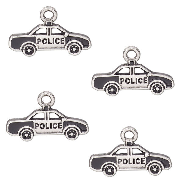 Charm, antique silver-finished "pewter" (zinc alloy) and enamel, black, 20x9mm single-sided police car. Sold per pkg of 4. image number 0