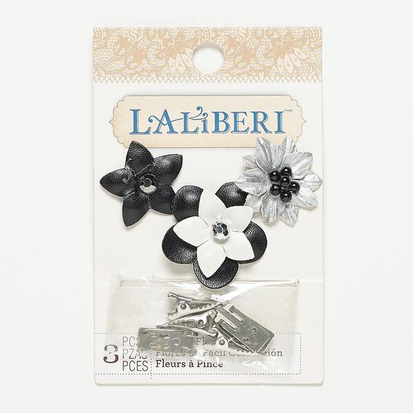 Hair clip / shoe clip kit, plastic / acrylic / silver-finished steel, silver / black / white, 28x28mm / 30x30mm / 35x35mm flower. Sold per 8-piece kit. image number 0