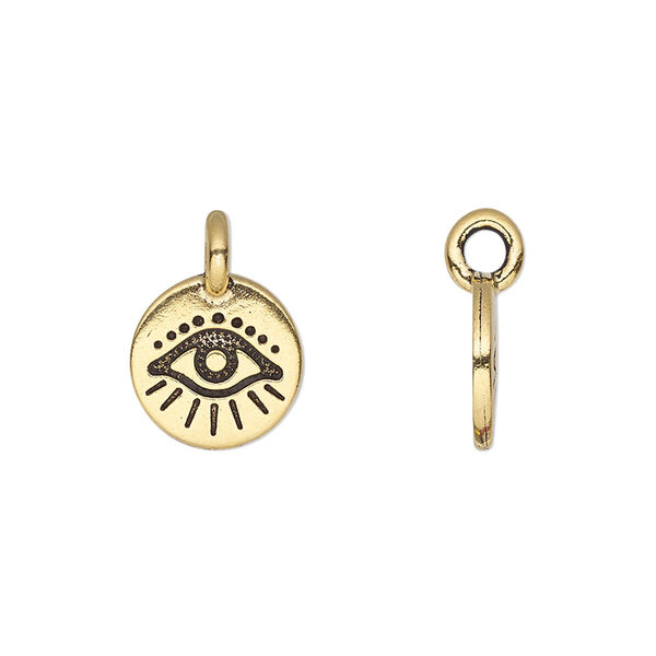 Charm, TierraCast®, antique gold-plated pewter (tin-based alloy), 12mm single-sided round with evil eye design. Sold per pkg of 2. image number 0