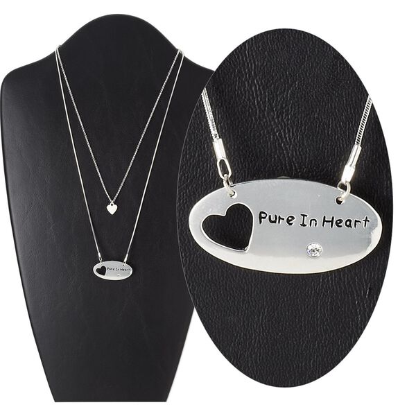 Necklace, 2-strand, glass with silver-finished "pewter" (zinc-based alloy) and brass, clear, 36.5x19.5mm oval with cutout heart and "Pure in Heart," 17 inches with 3-inch extender chain and lobster claw clasp. Sold individually. image number 0