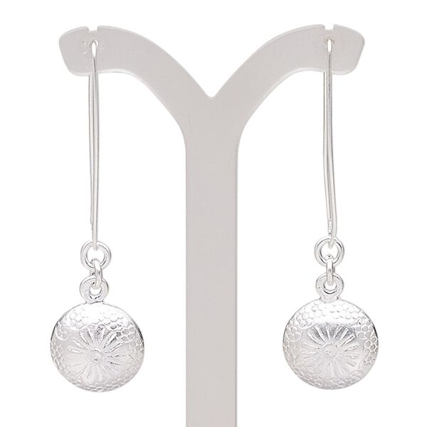 Earring, Hill Tribes, silver-plated copper, 2-1/4 inches with domed round and flower design with ear wire. Sold per pair. image number 0