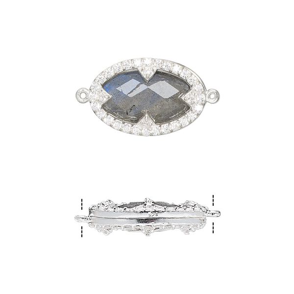 Link, labradorite (natural) / cubic zirconia / sterling silver, clear, 18x12mm double-sided faceted oval. Sold individually. image number 0