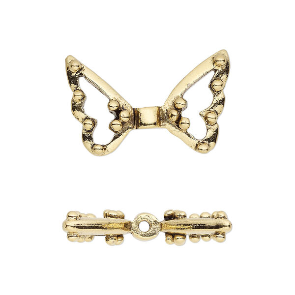 Bead, antique gold-plated pewter (tin-based alloy), 25x15.5mm open wings. Sold individually. image number 0