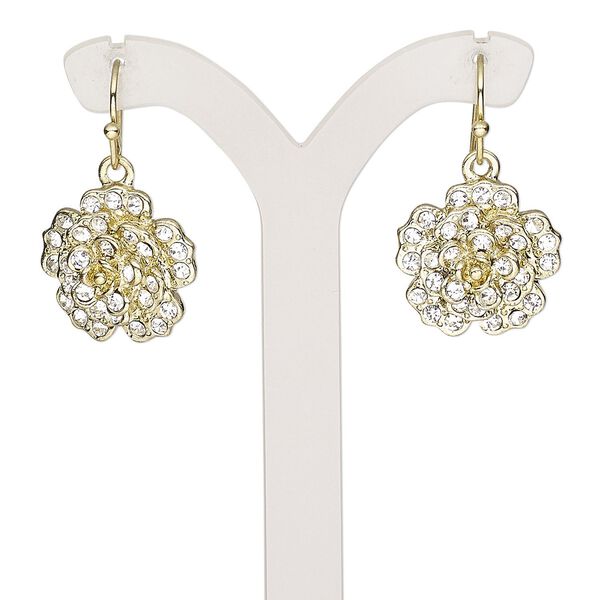 Earring, glass rhinestone with gold-finished brass and "pewter" (zinc-based alloy), clear, 28mm with flower and fishhook ear wire. Sold per pair. image number 0