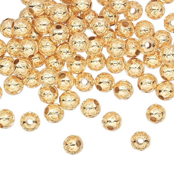 Bead, gold-plated brass, 5mm weave round. Sold per pkg of 100. image number 0