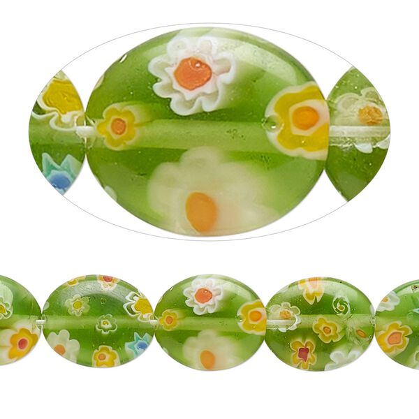 Bead, millefiori glass, translucent spring green and multicolored, 11x9mm-12x10mm puffed oval. Sold per 14-inch strand. image number 0