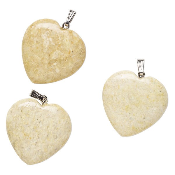 Pendant, Everyday Jewelry, riverstone (dyed) and silver-finished brass, light brown, 29-31mm heart. Sold per pkg of 3. image number 0