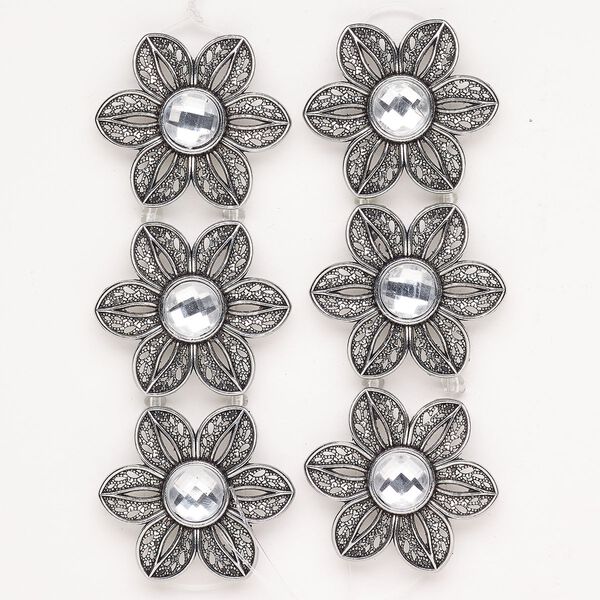 Spacer brass acrylic 6pk 37x33mm flower, antique silver finish blue shade image number 0